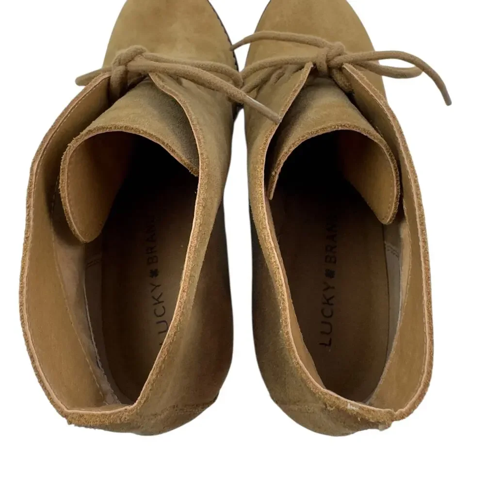 Lucky Brand Yamene Camel Suede Leather Wedge Lace Up Booties Women's Size 8.5